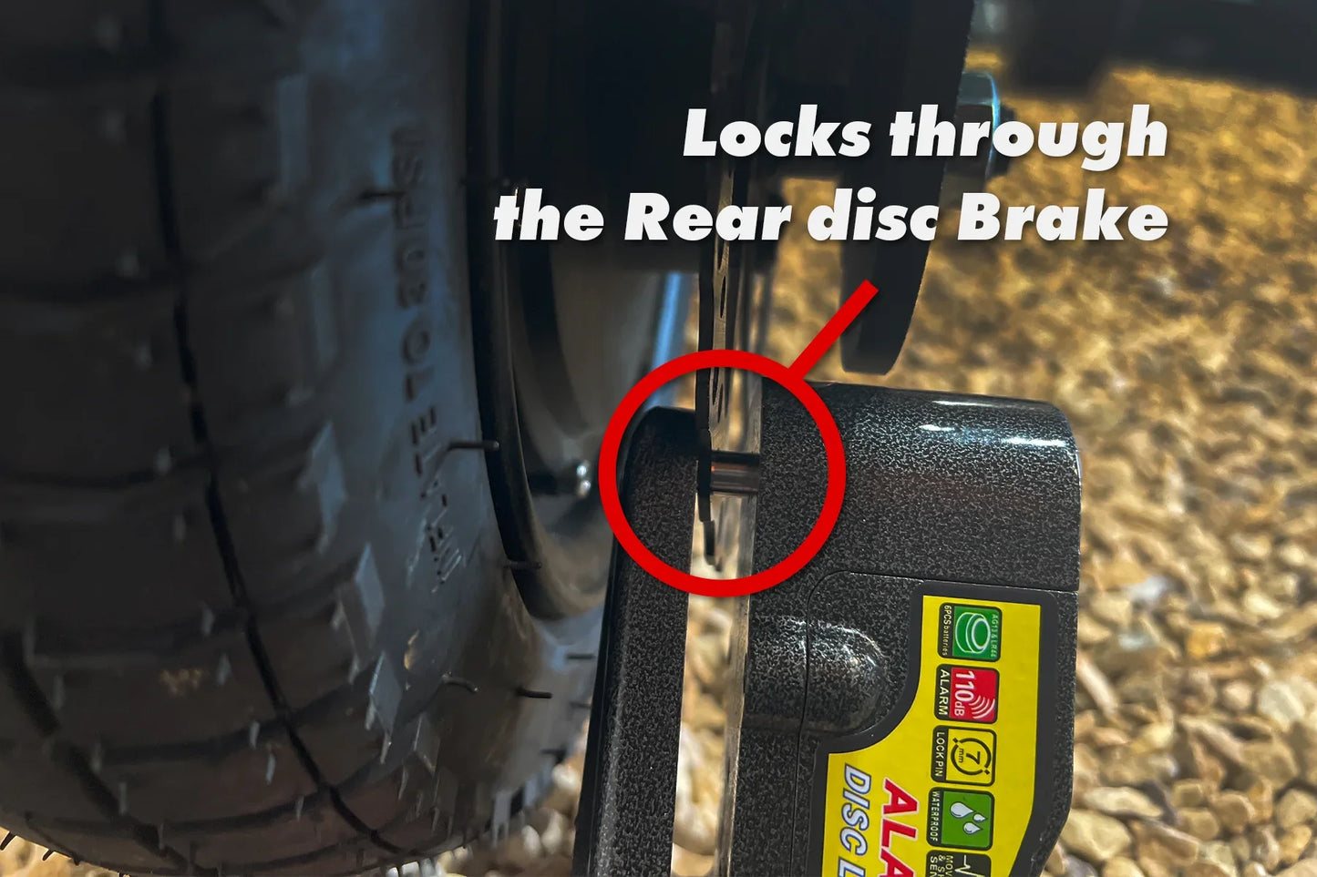 MOVE Electric Scooters - Cycle Board Disc Brake Locking Alarm Locks through the rear disc brake
