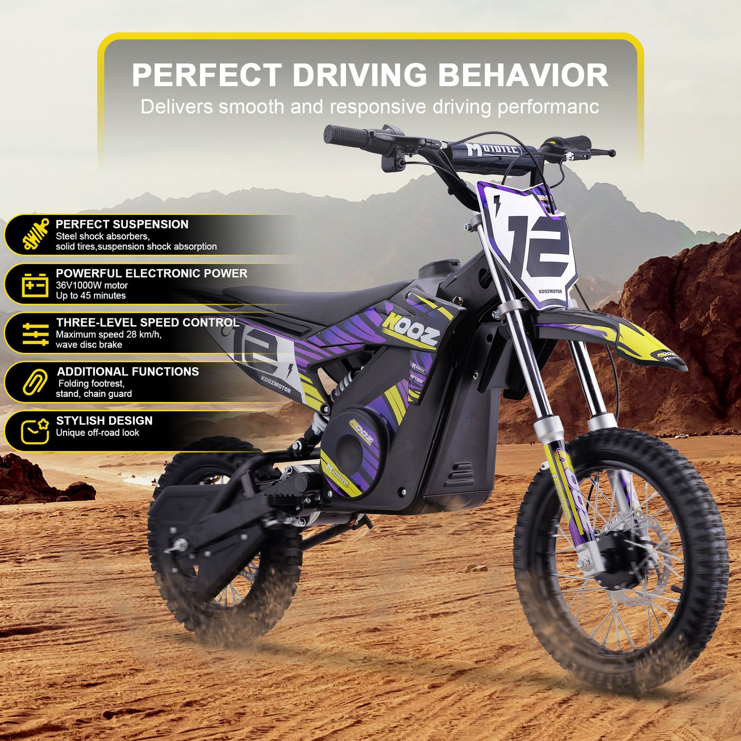 MotoTec 36v 1000w (HP112E) Electric Dirt Bike Purple, Adjustable Speed Settings: Choose from 5, 7.5, or 15.5 mph