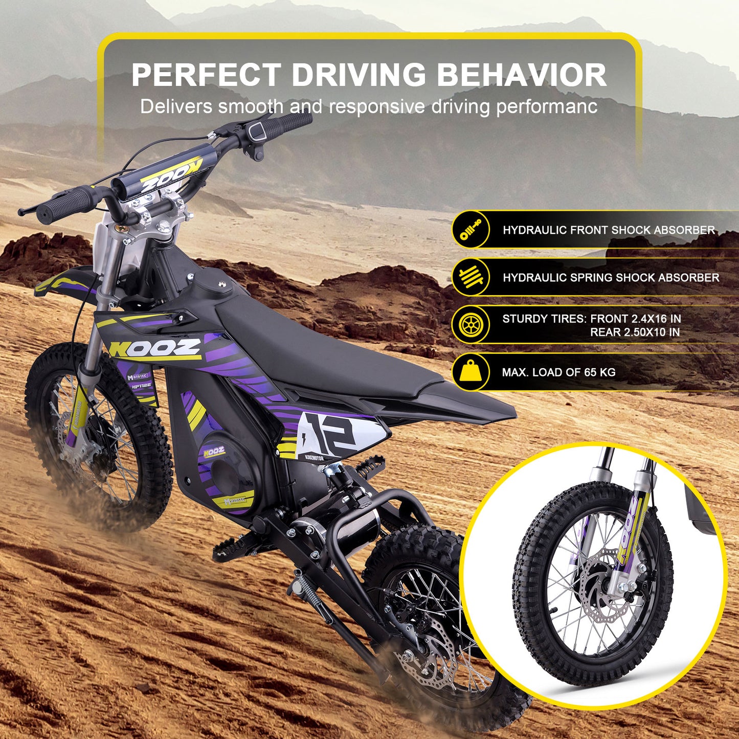 MotoTec 36v 1000w (HP112E) Electric Dirt Bike Purple, Adjustable Speed Settings: Choose from 5, 7.5, or 15.5 mph