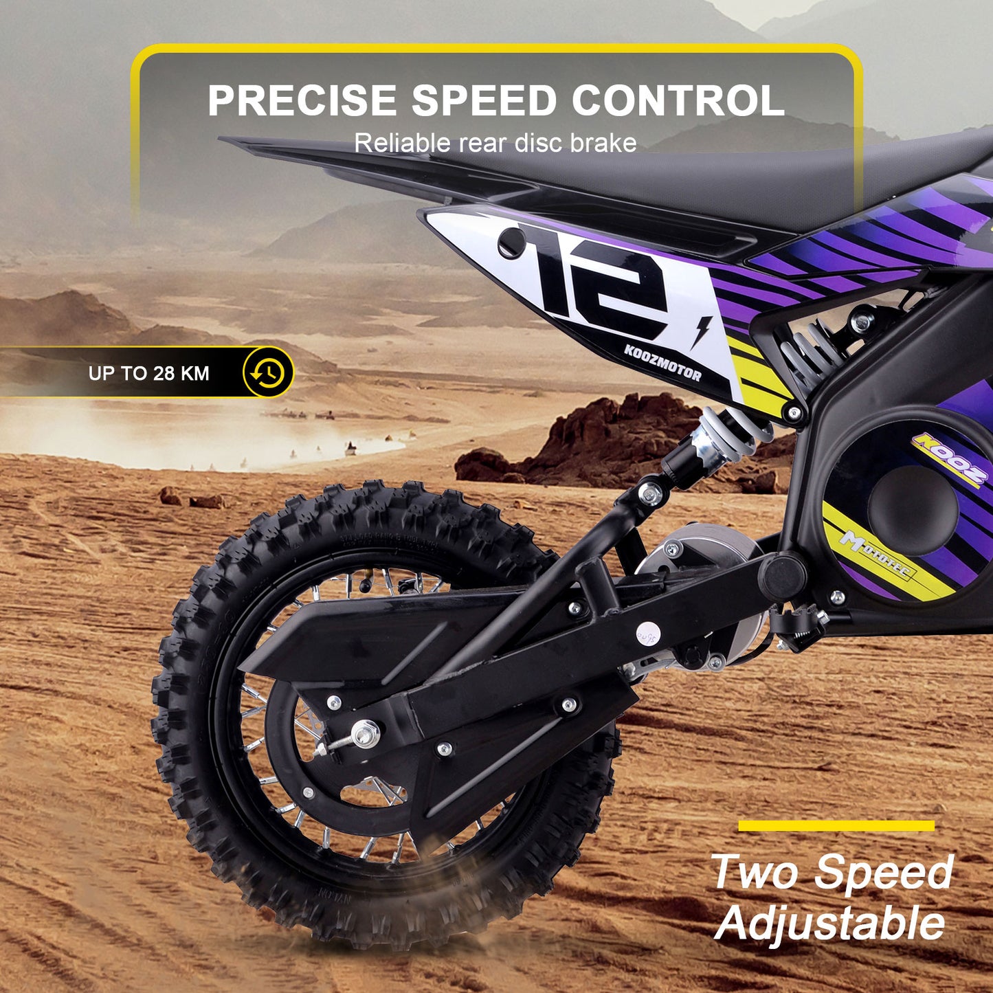 MotoTec 36v 1000w (HP112E) Electric Dirt Bike Purple, Adjustable Speed Settings: Choose from 5, 7.5, or 15.5 mph