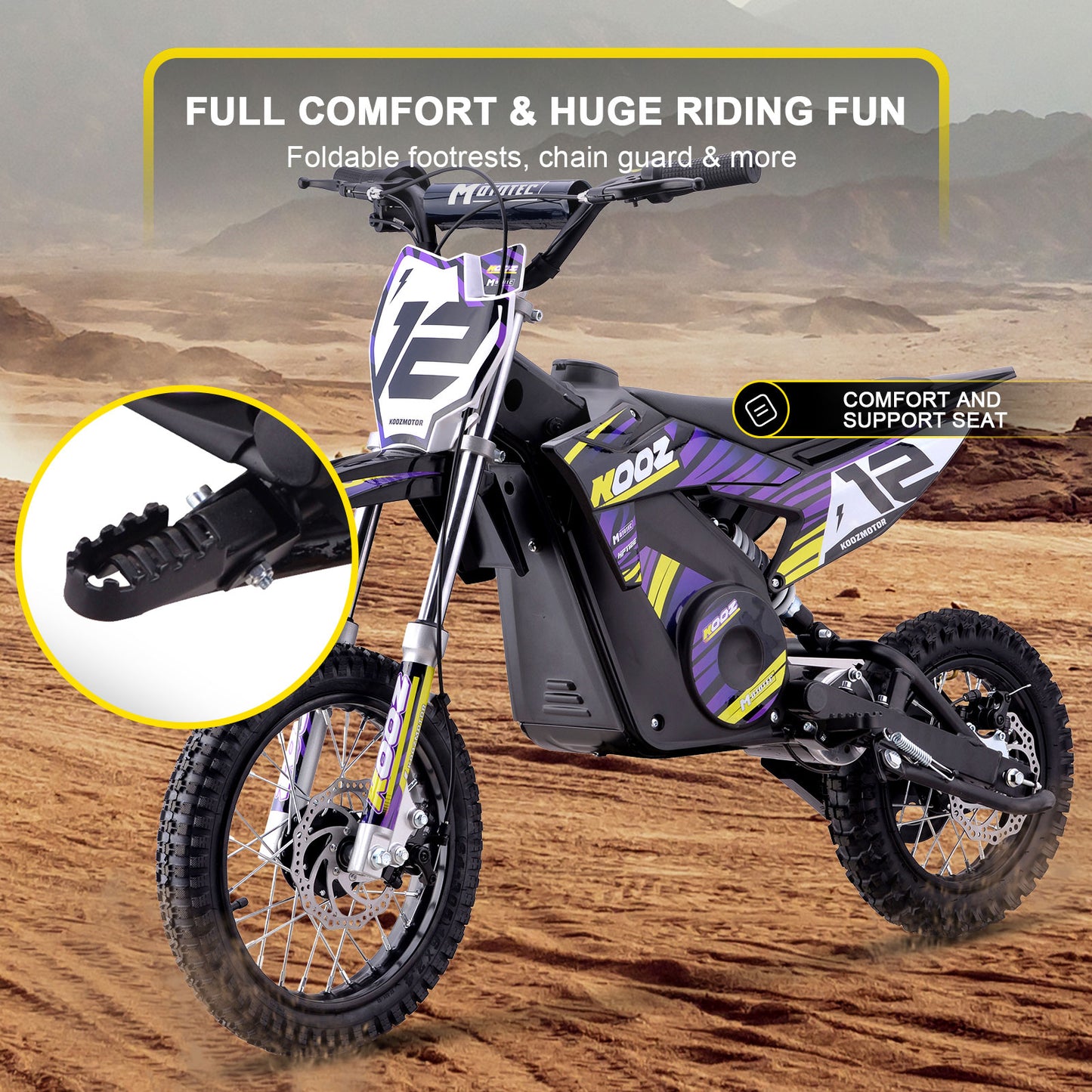 MotoTec 36v 1000w (HP112E) Electric Dirt Bike Purple, Adjustable Speed Settings: Choose from 5, 7.5, or 15.5 mph