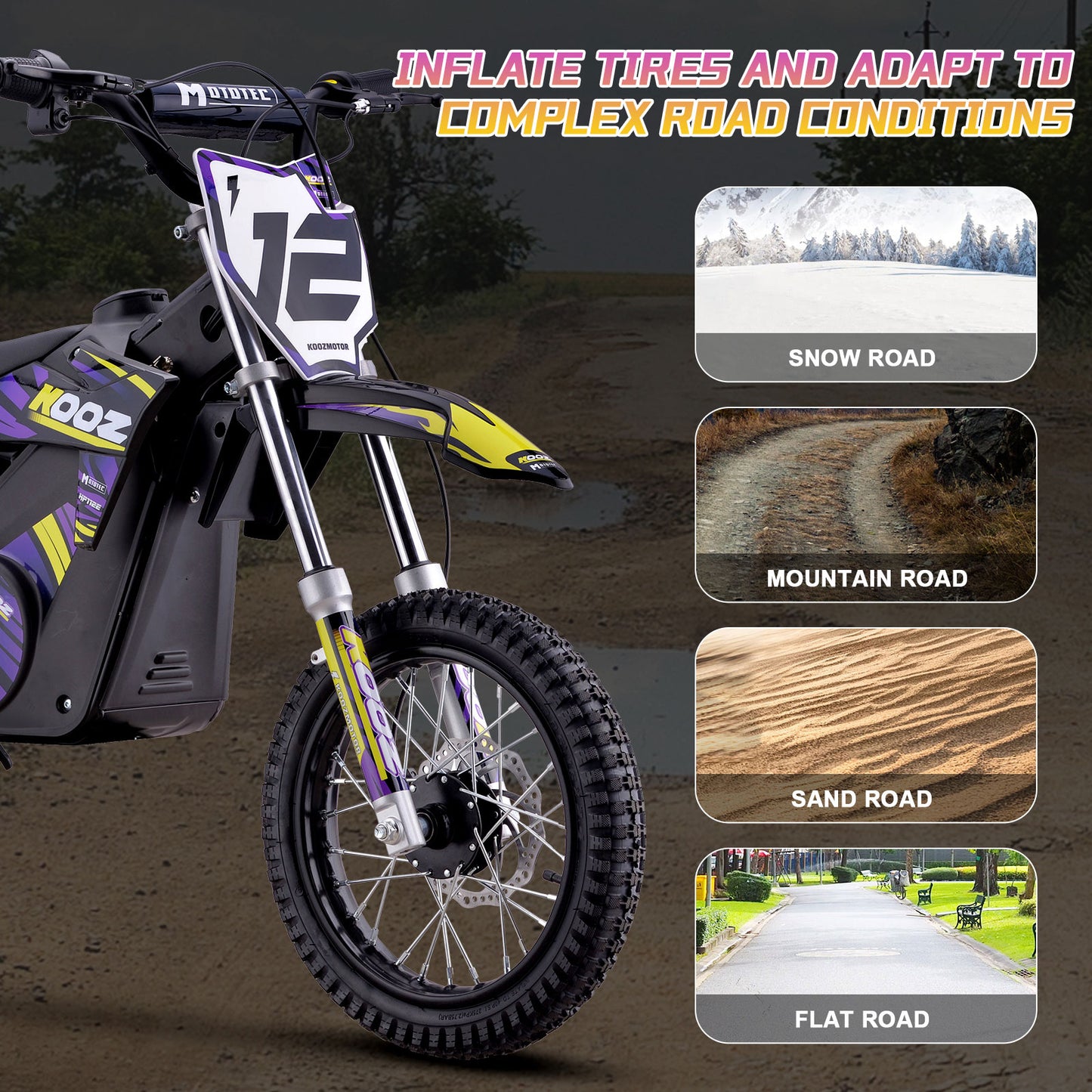 MotoTec 36v 1000w (HP112E) Electric Dirt Bike Purple, Adjustable Speed Settings: Choose from 5, 7.5, or 15.5 mph
