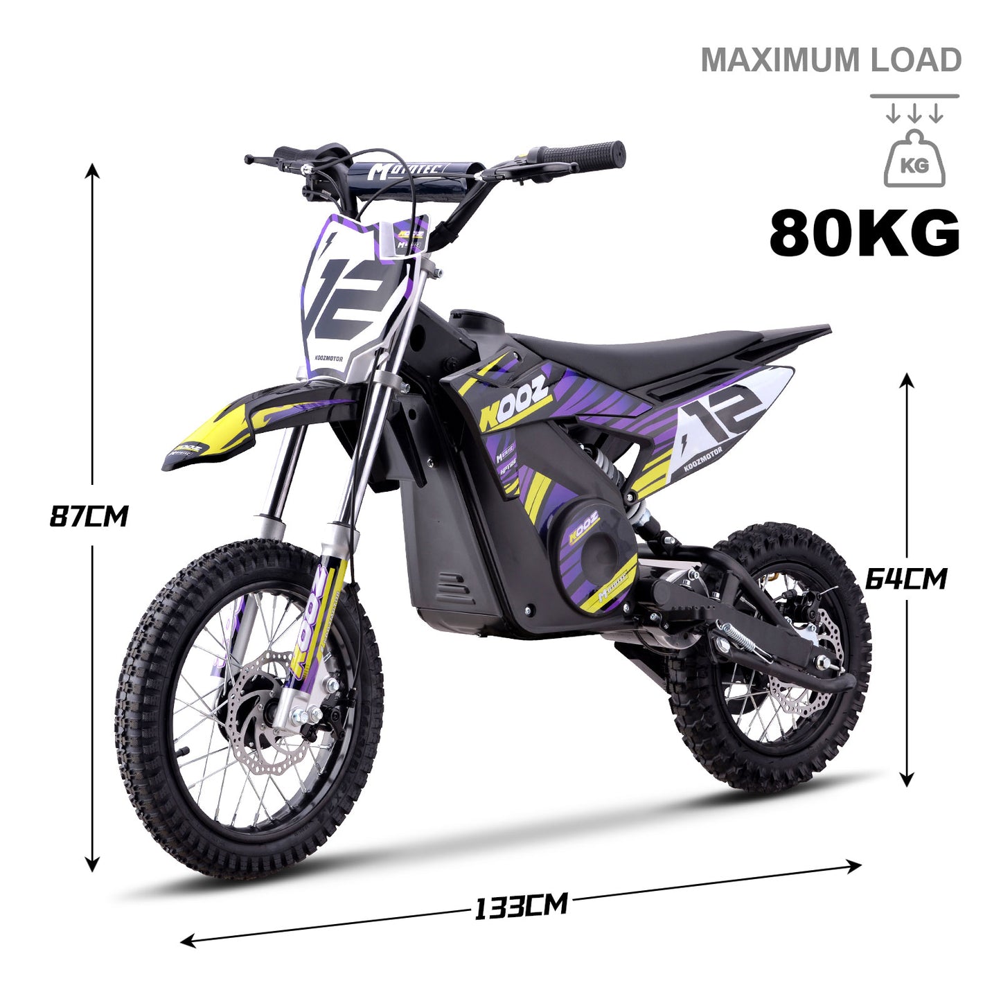 MotoTec 36v 1000w (HP112E) Electric Dirt Bike Purple, Adjustable Speed Settings: Choose from 5, 7.5, or 15.5 mph