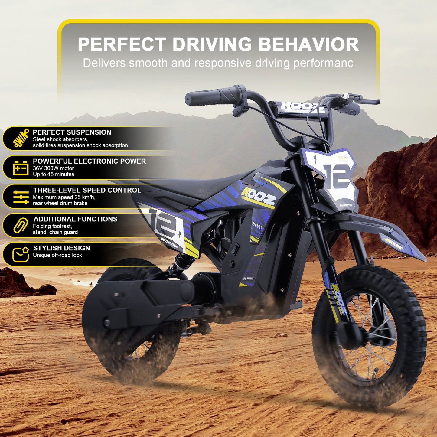MotoTec 36v 300w (HP122E) Electric Dirt Bike Blue, Adjustable Speed Settings: Choose from 5, 7.5, or 15.5 mph