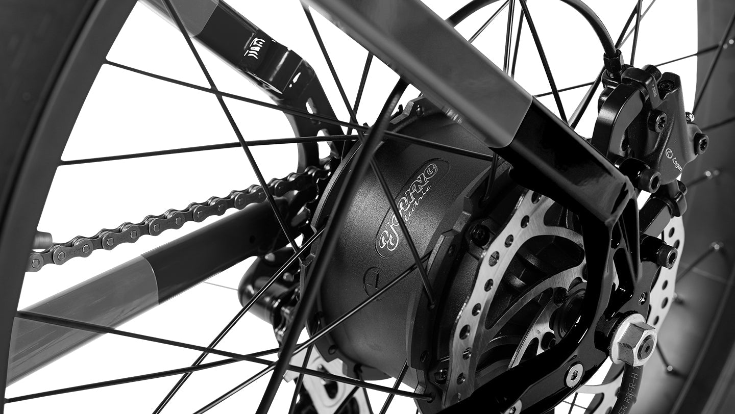 MOVE Electric Scooters - Young Electric E-Scout All Terrain Fat Tire Electric Bike close-up to the rear tire and cables