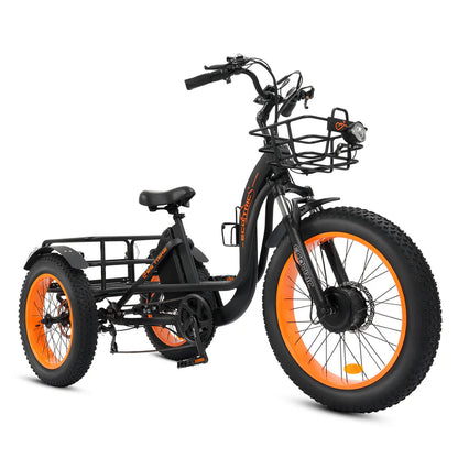 Ecotric 48V 24"x4.0 Front 20"x4.0 Rear Tires Tricycle electric bike with Front Basket + Rear Rack, Top Speed - 26MPH