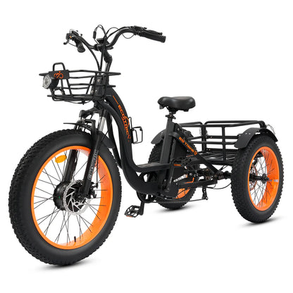 Ecotric 48V 24"x4.0 Front 20"x4.0 Rear Tires Tricycle electric bike with Front Basket + Rear Rack, Top Speed - 26MPH
