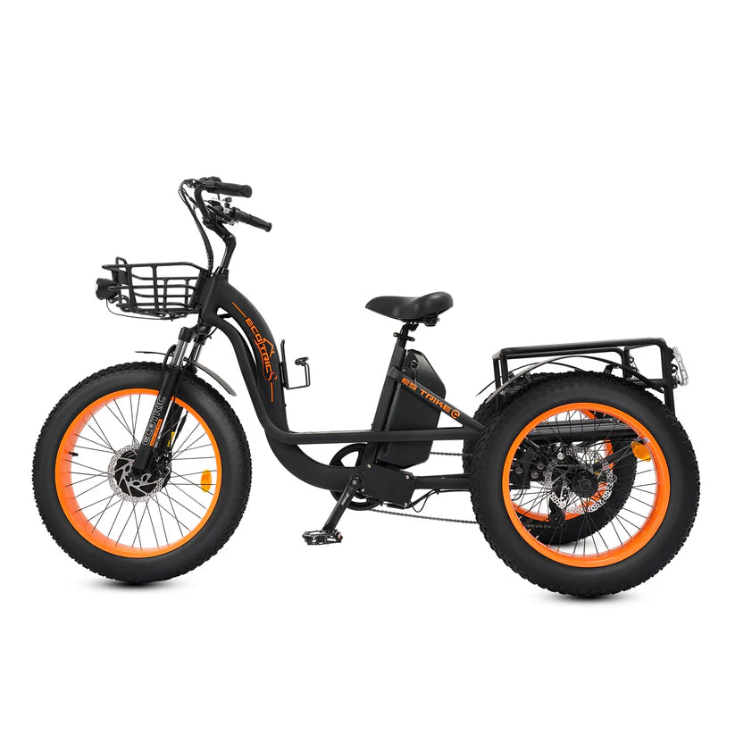 Ecotric 48V 24"x4.0 Front 20"x4.0 Rear Tires Tricycle electric bike with Front Basket + Rear Rack, Top Speed - 26MPH