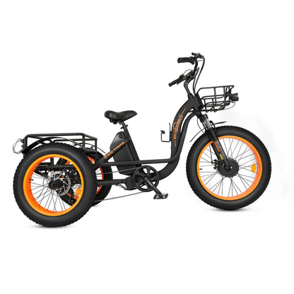 Ecotric 48V 24"x4.0 Front 20"x4.0 Rear Tires Tricycle electric bike with Front Basket + Rear Rack, Top Speed - 26MPH