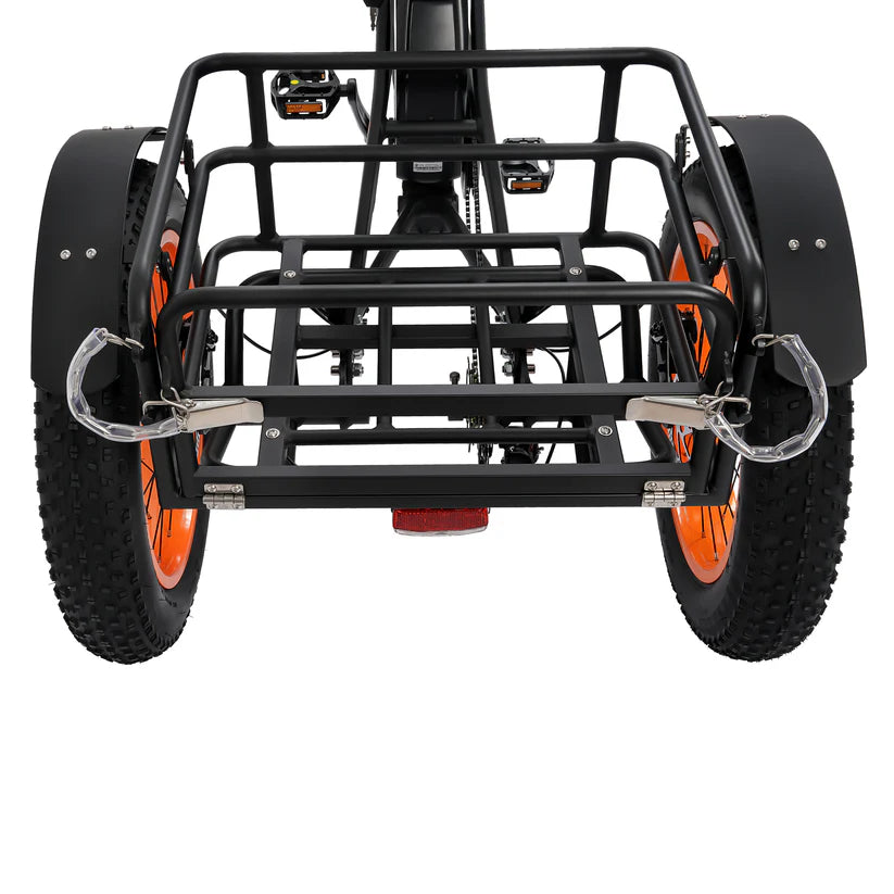 Ecotric 48V 24"x4.0 Front 20"x4.0 Rear Tires Tricycle electric bike with Front Basket + Rear Rack, Top Speed - 26MPH