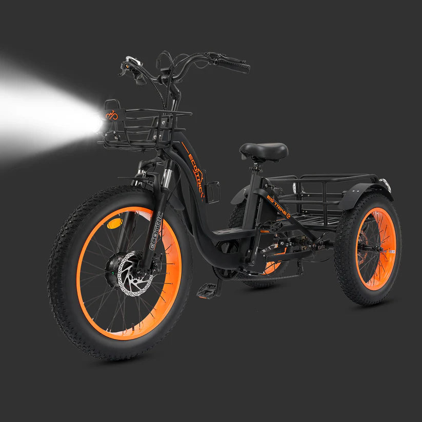 Ecotric 48V 24"x4.0 Front 20"x4.0 Rear Tires Tricycle electric bike with Front Basket + Rear Rack, Top Speed - 26MPH