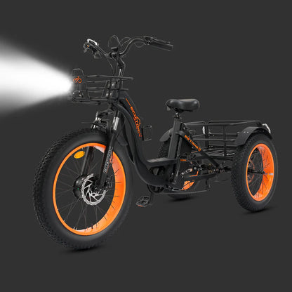 Ecotric 48V 24"x4.0 Front 20"x4.0 Rear Tires Tricycle electric bike with Front Basket + Rear Rack, Top Speed - 26MPH