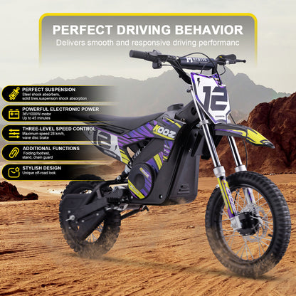MotoTec 36v 1000w (HP112E) Electric Dirt Bike Purple, Adjustable Speed Settings: Choose from 5, 7.5, or 15.5 mph