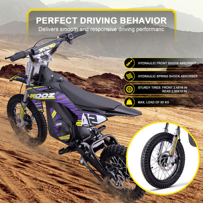 MotoTec 36v 1000w (HP112E) Electric Dirt Bike Purple, Adjustable Speed Settings: Choose from 5, 7.5, or 15.5 mph