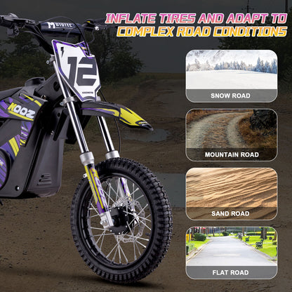 MotoTec 36v 1000w (HP112E) Electric Dirt Bike Purple, Adjustable Speed Settings: Choose from 5, 7.5, or 15.5 mph
