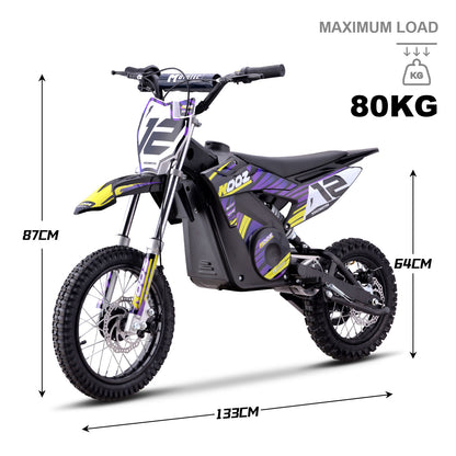 MotoTec 36v 1000w (HP112E) Electric Dirt Bike Purple, Adjustable Speed Settings: Choose from 5, 7.5, or 15.5 mph