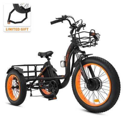 Ecotric 48V 24"x4.0 Front 20"x4.0 Rear Tires Tricycle electric bike with Front Basket + Rear Rack, Top Speed - 26MPH